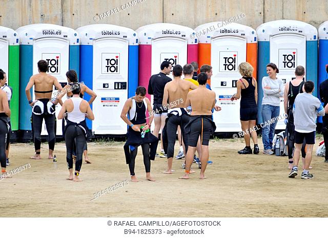 Mobile toilets at the beach. Barcelona, Catalonia, Spain