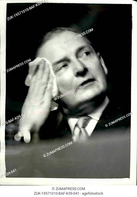 Oct. 10, 1957 - Conservative conference at Brighton. foreign secretary finds it a little hot. Photo shows Mr. Selwyn Lloyd the foreign secretary finds things a...