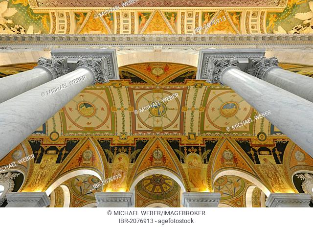 Marble columns, marble arch, frescoes, mosaics in the magnificent entrance hall, The Great Hall, The Jefferson Building, Library of Congress, Capitol Hill