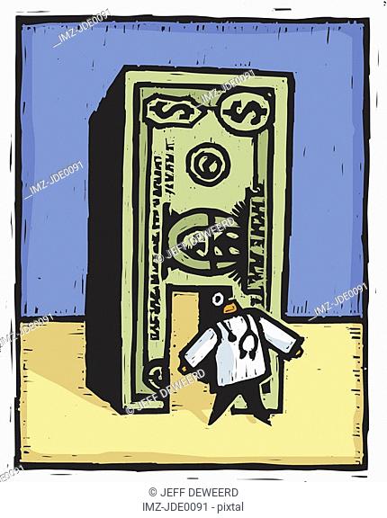 A doctor walking through a door made of money