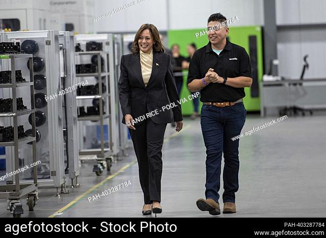 United States Vice President Kamala Harris tours Qcells, a solar panel manufacturer in Dalton, Georgia on Thursday, April 6, 2023