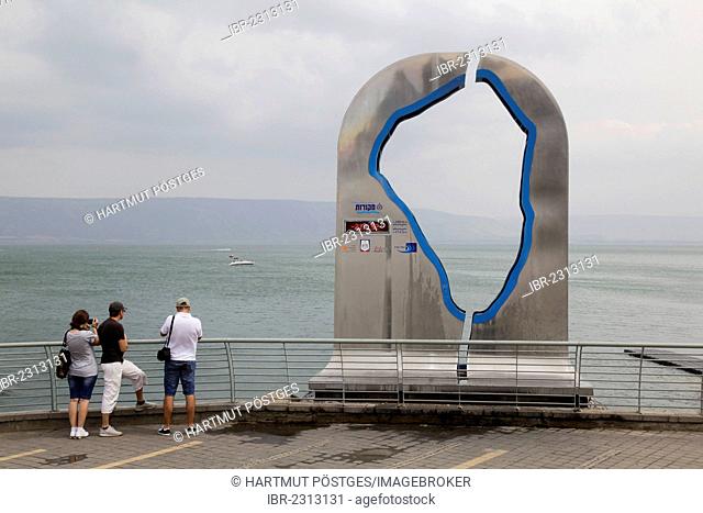 Sign displaying the water level, below sea level, Sea of Galilee, Tiberias, Israel, Middle East