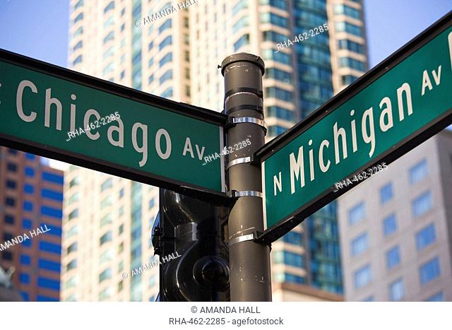 North Michigan Avenue and Chicago Avenue signpost, The Magnificent Mile, Chicago, Illinois, United States of America, North America