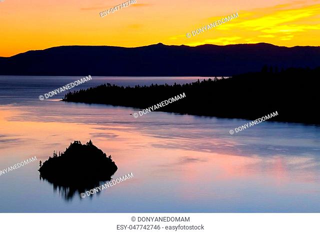 Sunrise over Emerald Bay at Lake Tahoe, California, USA. Lake Tahoe is the largest alpine lake in North America