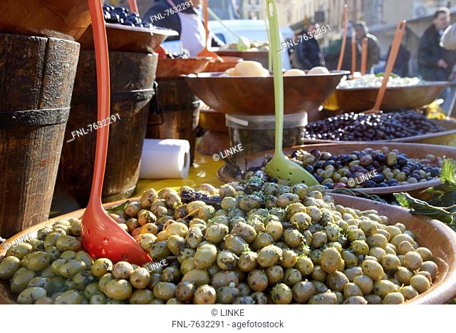 Market stall with olives, Apt, Provence-Alpes-Cote d'Azur, France, Europe