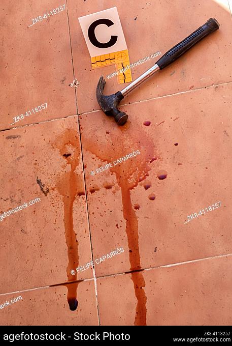 Bloody hammer on the ground marked with number, crime scene, conceptual image
