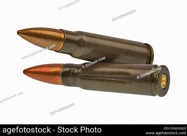 Submachine gun cartridges isolated on a white background
