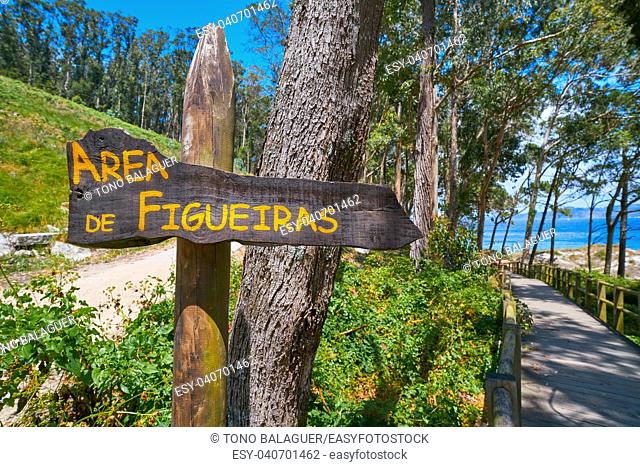 Figueiras nudist beach road sign in Islas Cies island of Vigo Spain