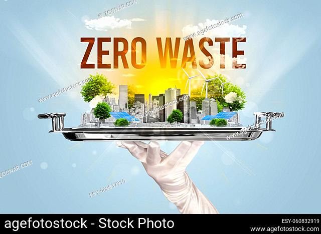 Waiter serving eco city with ZERO WASTE inscription, renewabke energy concept