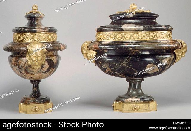 Pair of urns with covers. Date: ca. 1775; Culture: French; Medium: Marble (brèche violette), gilt bronze; Dimensions: H. 17 3/4 x W. 18 x D. 10 3/4 in