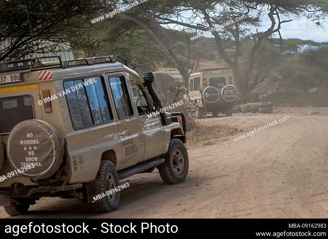 Tanzania, Northern Tanzania, Serengeti National Park, Ngorongoro Crater, Tarangire, Arusha and Lake Manyara, jeeps on a dusty road