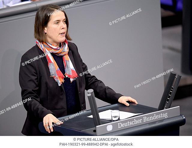21 March 2019, Berlin: Christine Buchholz (Die Linke) speaks at the 89th session of the Bundestag on the topic ""Bundeswehr deployment in Darfur (UNAMID)""