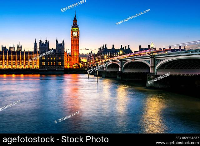 Big Ben, Queen Elizabeth Tower and Westminster Bridge Illuminated in the Evening, London, United Kingdom