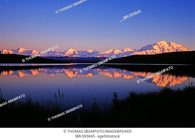 Mt. McKinley reflected on Wonder Lake by dawn's first light, Denali National Park, Alaska, USA