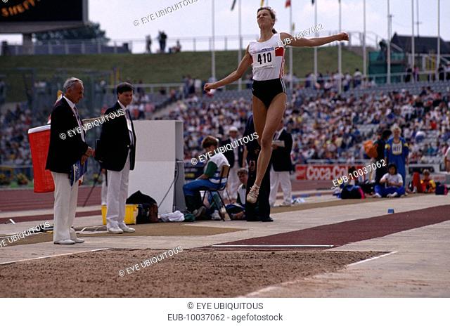 B. Cautzsh competing in the long jump at the World Student Games, Don Valley Stadium, Sheffield, England