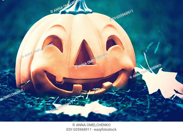 Closeup photo of a carved pumpkin with happy face in the dark forest at Halloween night, traditional autumn holiday, vintage