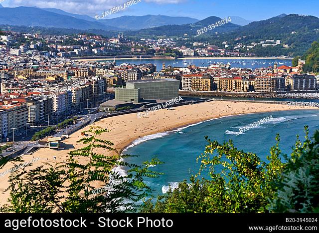 View of the city of Donostia from Mount Ulia, in the foreground La Zurriola Beach and the Kursaal Conference Center, Donostia, San Sebastian