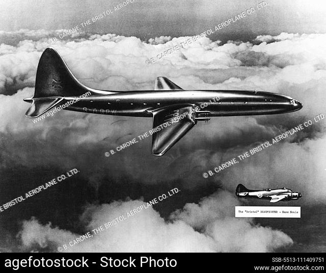 ***** of the Bristol Brabazon drawn to scale with a Beaufighter. April 7, 1955. (Photo by B. Carone, The Bristol Aeroplane Co. Ltd.)