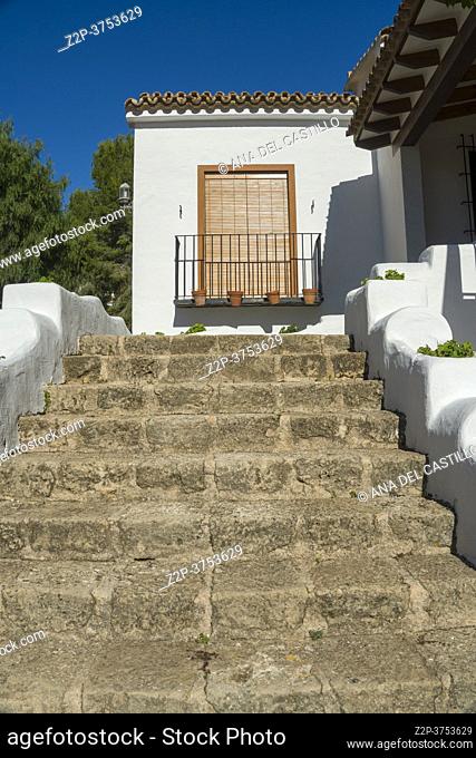 Teulada Moraira Alicante Spain on November 2020, luxury villas at the sea. Old stone staircase detail
