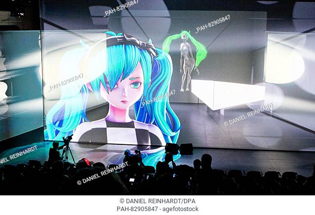 Computer-animated singer Hatsune Miku singing on a screen during the photo rehearsal of the opera 'The End' in Hamburg, Germany, 18 August 2016