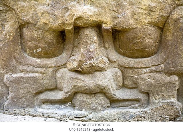 Guatemala, Quirigua, Mayan mask on temple