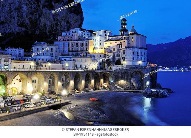 Night view of Atrani, Costiera Amalfitana or Amalfi Coast, UNESCO World Heritage Site, Campania, Italy, Europe