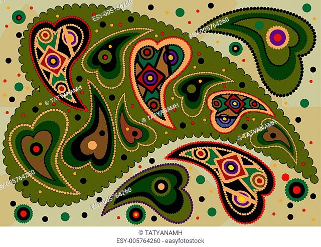 Colored Oriental paisley on light green background