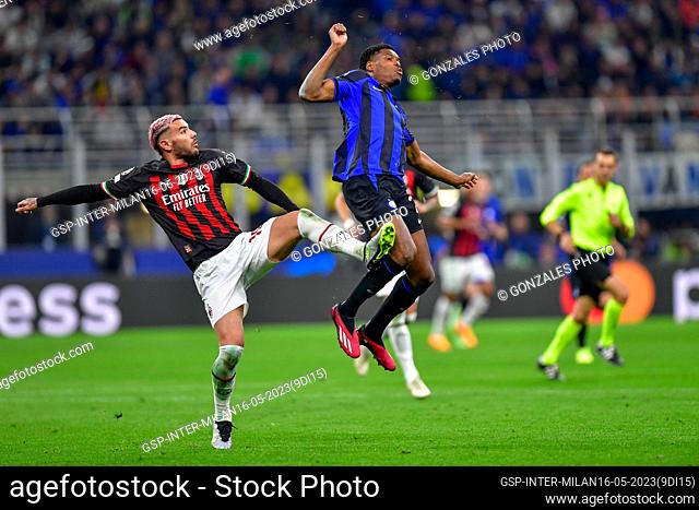 Milano, Italy. 16th, May 2023. Theo Hernandez (19) of AC Milan and Denzel Dumfries (2) of Inter seen during the UEFA Champions League match between Inter and AC...