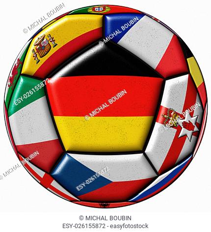 Soccer ball on a white background with flags of European countries - flag of Germany in the center