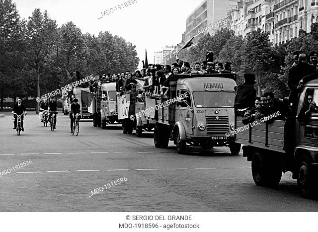Many workers at the French car company Renault demonstrating on some trucks along the streets of the city. Paris, May 1968