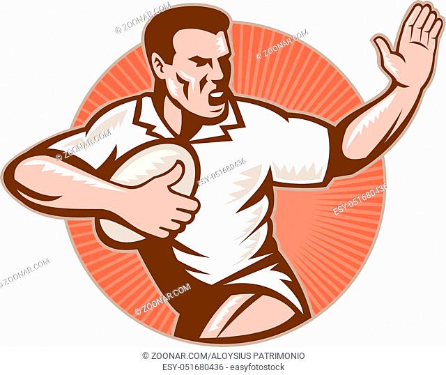 illustration of a rugby player running with ball fending off with sunburst in background isolated on white done in retro woodcut style
