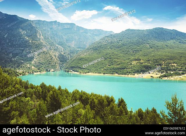 Beautiful landscape of St Croix Lake in the Gorges Du Verdon in south-eastern France. Provence-Alpes-Cote d'Azur