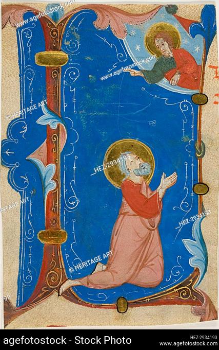 Praying Saint (Moses?) with Christ in a Historiated Initial L, from a Choirbook, c. 1300. Creator: Unknown