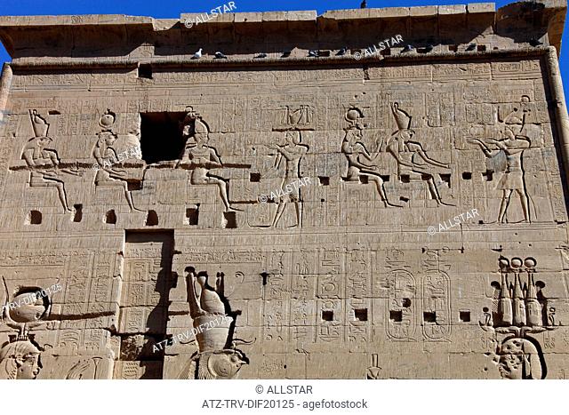 CARVING ON PYLON OF THE TEMPLE OF ISIS; PHILAE, AGILKIA ISLAND, ASWAN, EGYPT; 10/01/2013