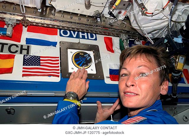 NASA astronaut Peggy A. Whitson, Expedition 16 commander, places the Expedition 16 patch above a hatch in the Destiny laboratory