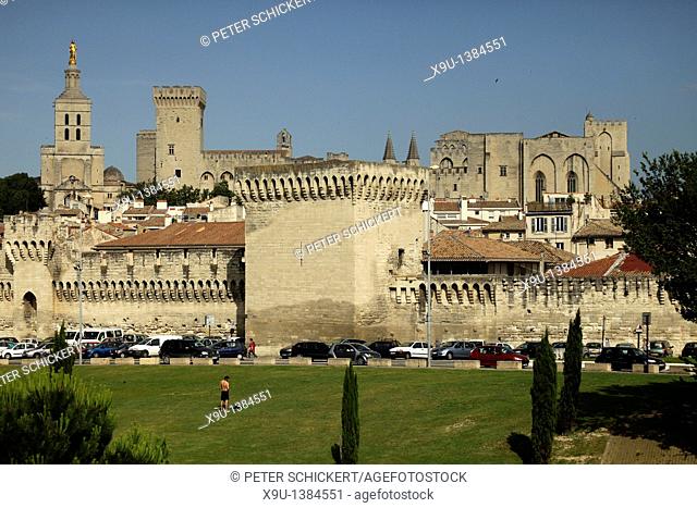 City wall and Palais des Papes, Pope's Palace, in Avignon, Provence, France, Europe