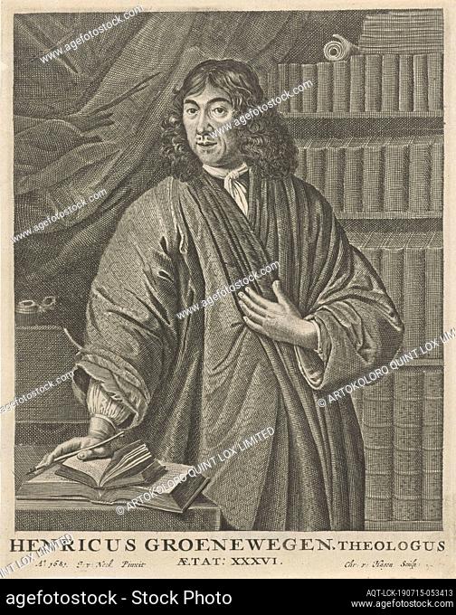Portrait of Henricus Groenewegen, Knee piece of theologian Henricus Groenewegen, 36 age, standing in front of a bookcase