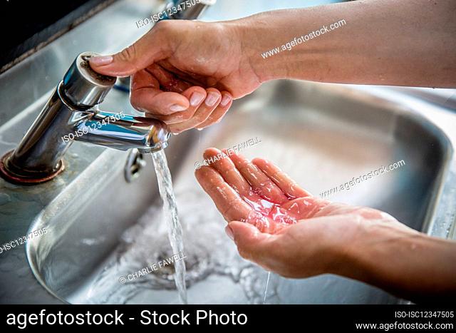UK, England, Devon, Close-up of woman washing hands