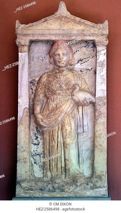 Greek stele of a girl holding a bird, in the National Museum in Athens, 4th century BC