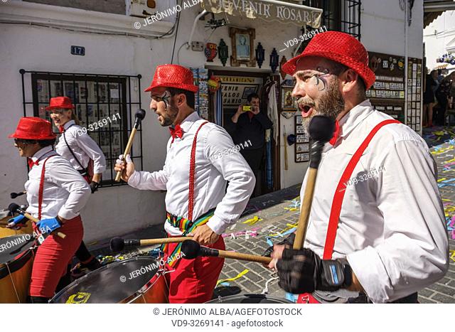Traditional carnival parade at the white village of Mijas. Malaga province Costa del Sol. Andalusia, Southern Spain Europe