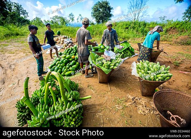 Bangladesh â. “ October 12, 2019: The hill tribal laborers are storing fresh vegetables from the fields and packaging them to send to the market at Bandarban