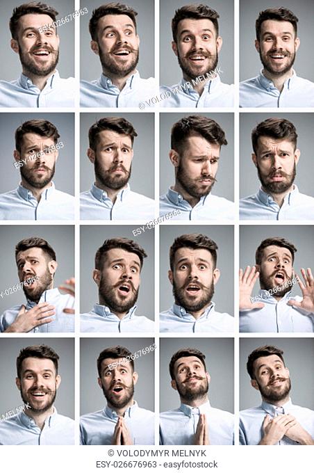 Set of young man&#39;s portraits with different emotions on gray background