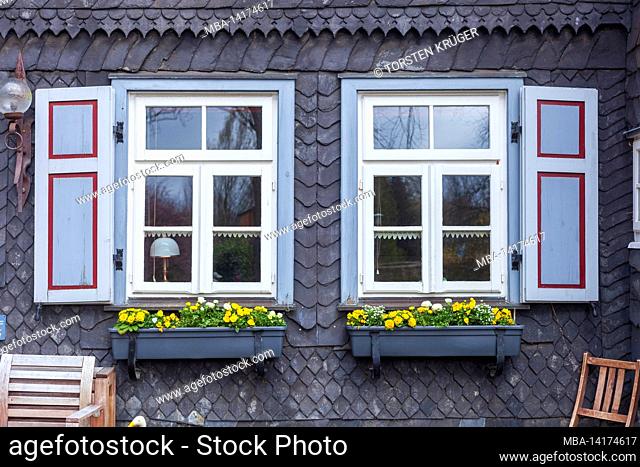 Window on a slate house, Golslar, Harz, Lower Saxony, Germany, Europe
