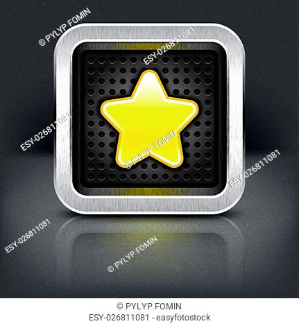Yellow gold star icon with chrome metal frame. Rounded square button with perforation texture, black drop shadow and reflection on dark gray background
