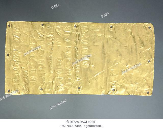 Gold foil embossed and engraved with inscription in the Etruscan language by Thefarie Velianas to the Phoenician Goddess Astarte
