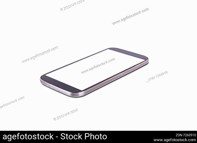 Close up view of mobile phone with blank white screen, isolated on white background