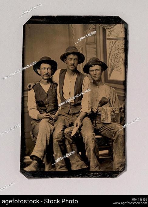 [Three Painters, with Brushes and a Can of Paint, in Front of a Painted Window Backdrop]. Artist: Unknown (American); Date: 1870s-80s; Medium: Tintype;...