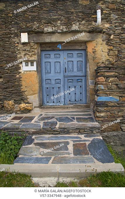 Blue painted wooden door. El Muyo, Segovia province, Castilla Leon, Spain