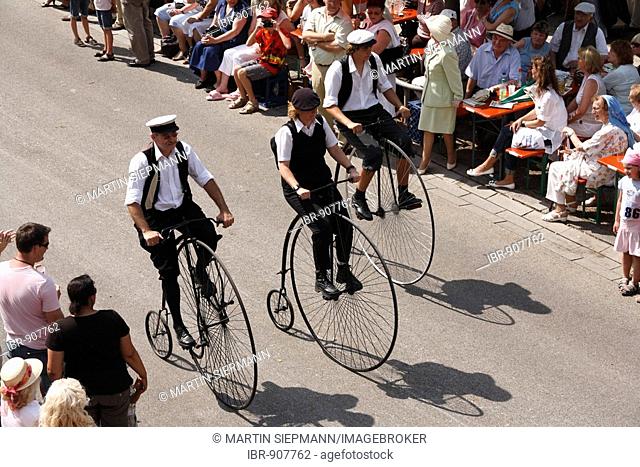 Penny-farthing cyclists, historical parade, Rakoczi Festival, Bad Kissingen, Rhoen, Lower Franconia, Bavaria, Germany, Europe