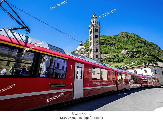 The Red Train Heritage Unesco is the symbol of the Rhaetian Railway starts from Tirano, Valtellina, Lombardy, Italy, Europe